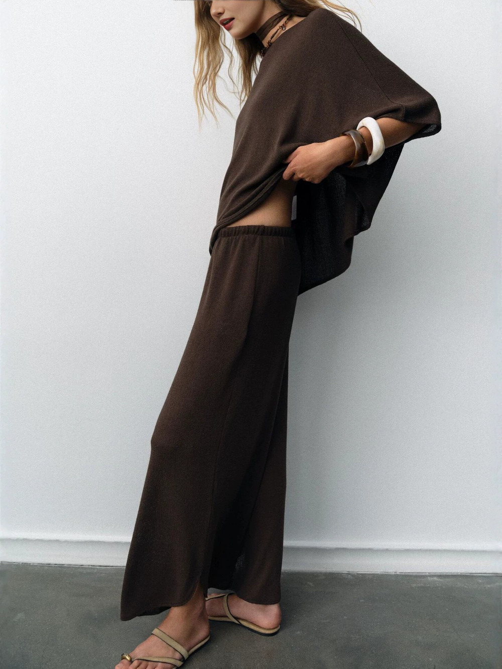ZARA Loose Knit Top Wide Leg Pants 2 Piece Set Women Casual Beach Vacation